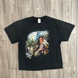 Native American Lady and Wolf pack graphic shirt black
